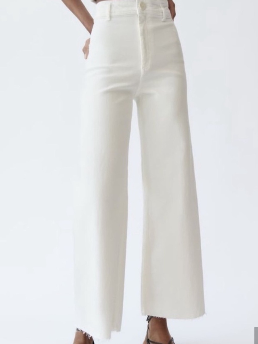 Zara Marine Straight White High-Waisted Wide-Leg Pants